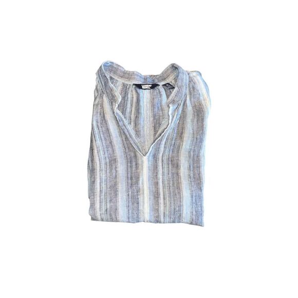 Lands End 100% LINEN STRIPED SIDE POCKETS SHORT SLEEVE SIDE SLITS DRESS Medium - Picture 10 of 11